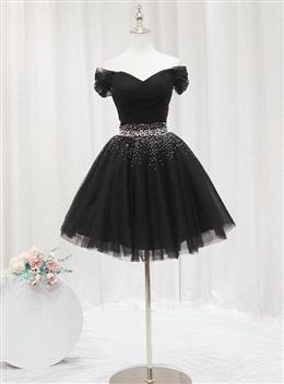 Picture of Black Color Off Shoulder Beaded Tulle Short Prom Dresses, Black Color Homecoming Dresses Formal Dresses